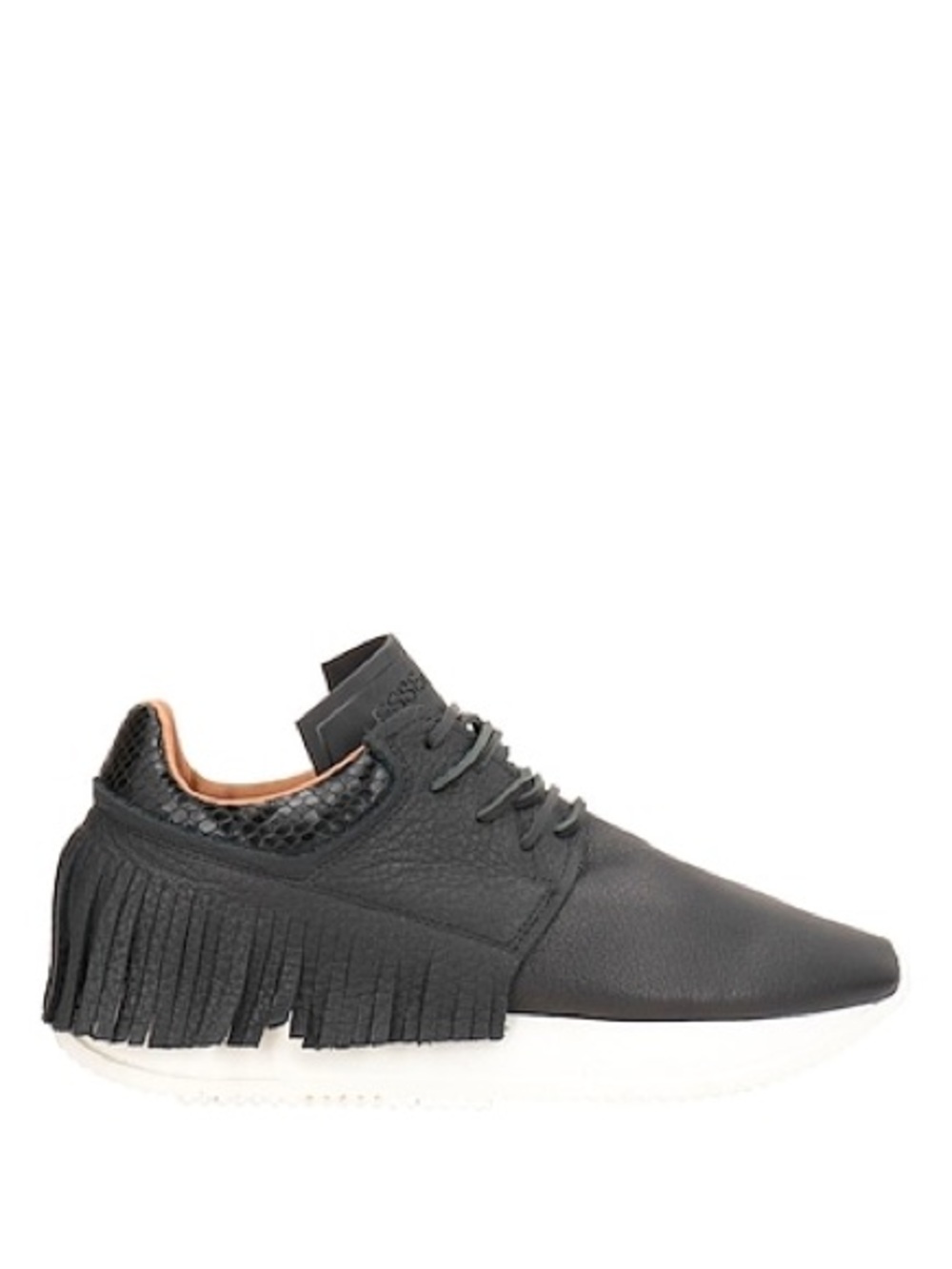 Esseutesse Women's Black Fringe Low-Top Sneaker with White Sole